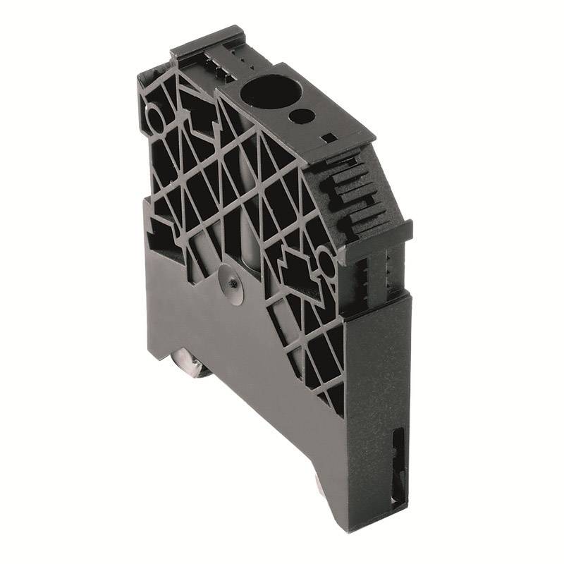 Schwarze, schmale DIN-Schiene aus Kunststoff mit geometrischem Muster und Montagelöchern, geeignet für industrielle Anwendungen.