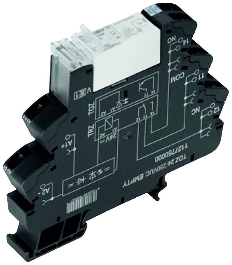 Ein industrielles Relais, montiert auf einer DIN-Schiene, zeigt Schaltsymbole und technische Spezifikationen zur elektrischen Konfiguration.