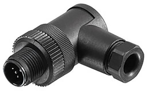 Ein schwarzer Winkelstecker mit geriffeltem Gewinde und drei Pins, typisch für elektronische Verkabelungen und Anschlüsse.