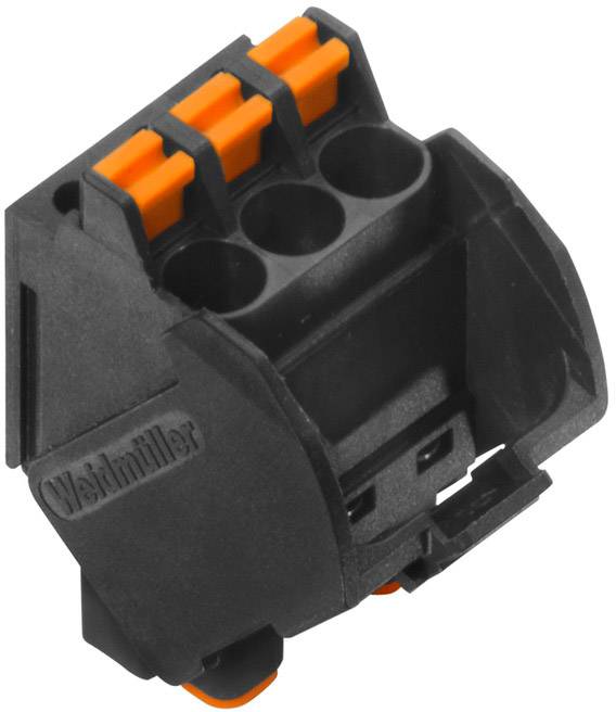 Elektrischer Steckverbinder mit drei Kabelanschlüssen und schwarzem Gehäuse. Oberseite mit orangen Klemmen.
