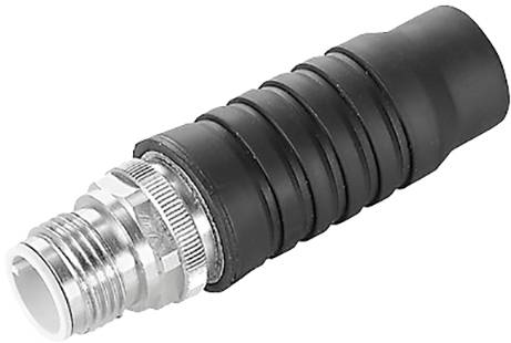 Schwarz-grauer pneumatischer Steckverbinder mit geripptem Design und Metallgewinde, seitlich fotografiert.