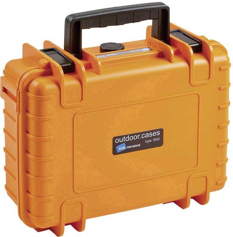 Orange Kunststoffkoffer mit schwarzem Griff, Etikett 'outdoor.cases type 1000' auf der Vorderseite. Robust und wetterfest.