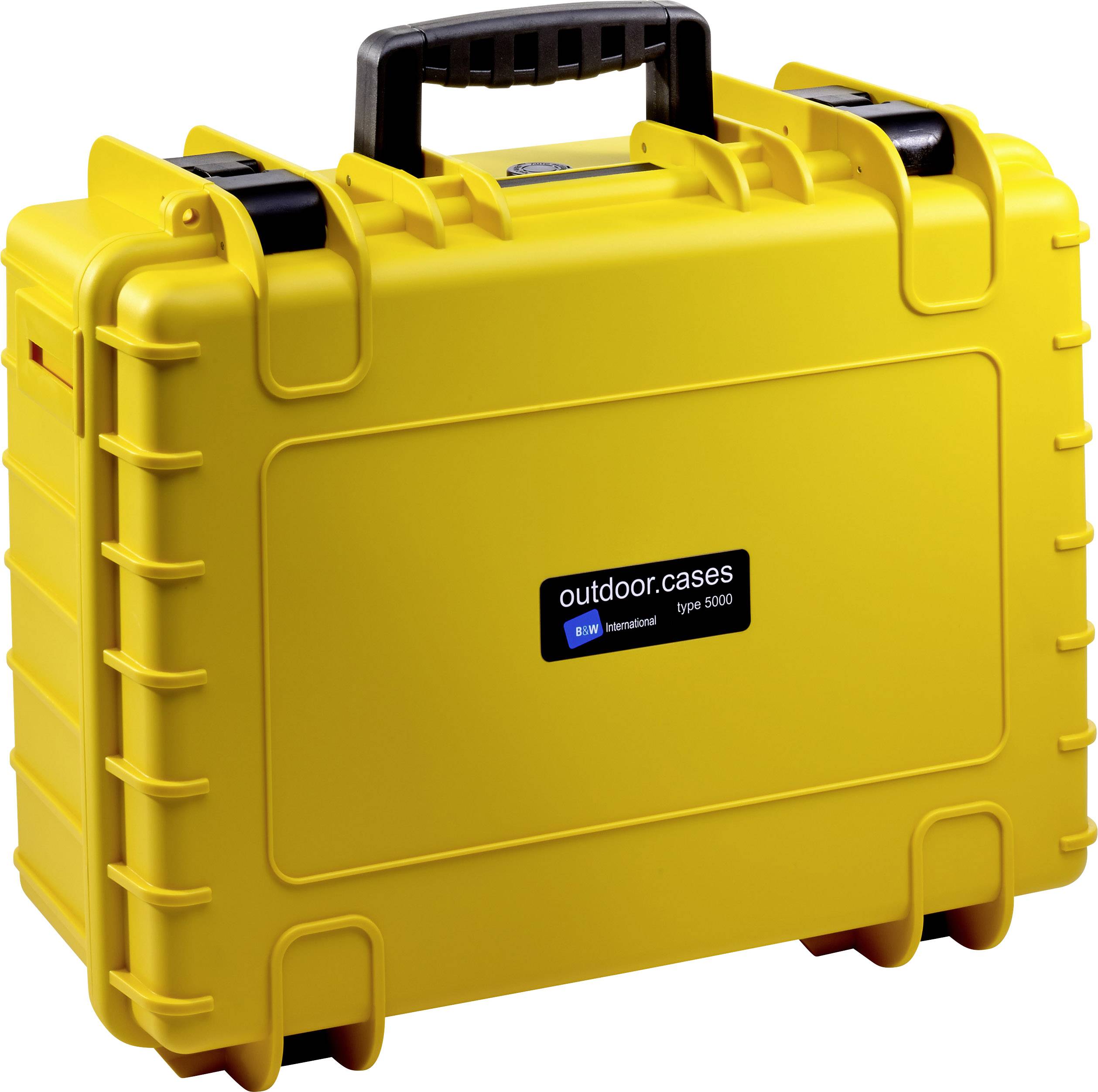 Gelber Outdoor-Koffer mit schwarzem Griff und Label 'outdoor.cases type 5000'. Ruggedes Design für Schutz und Transport.