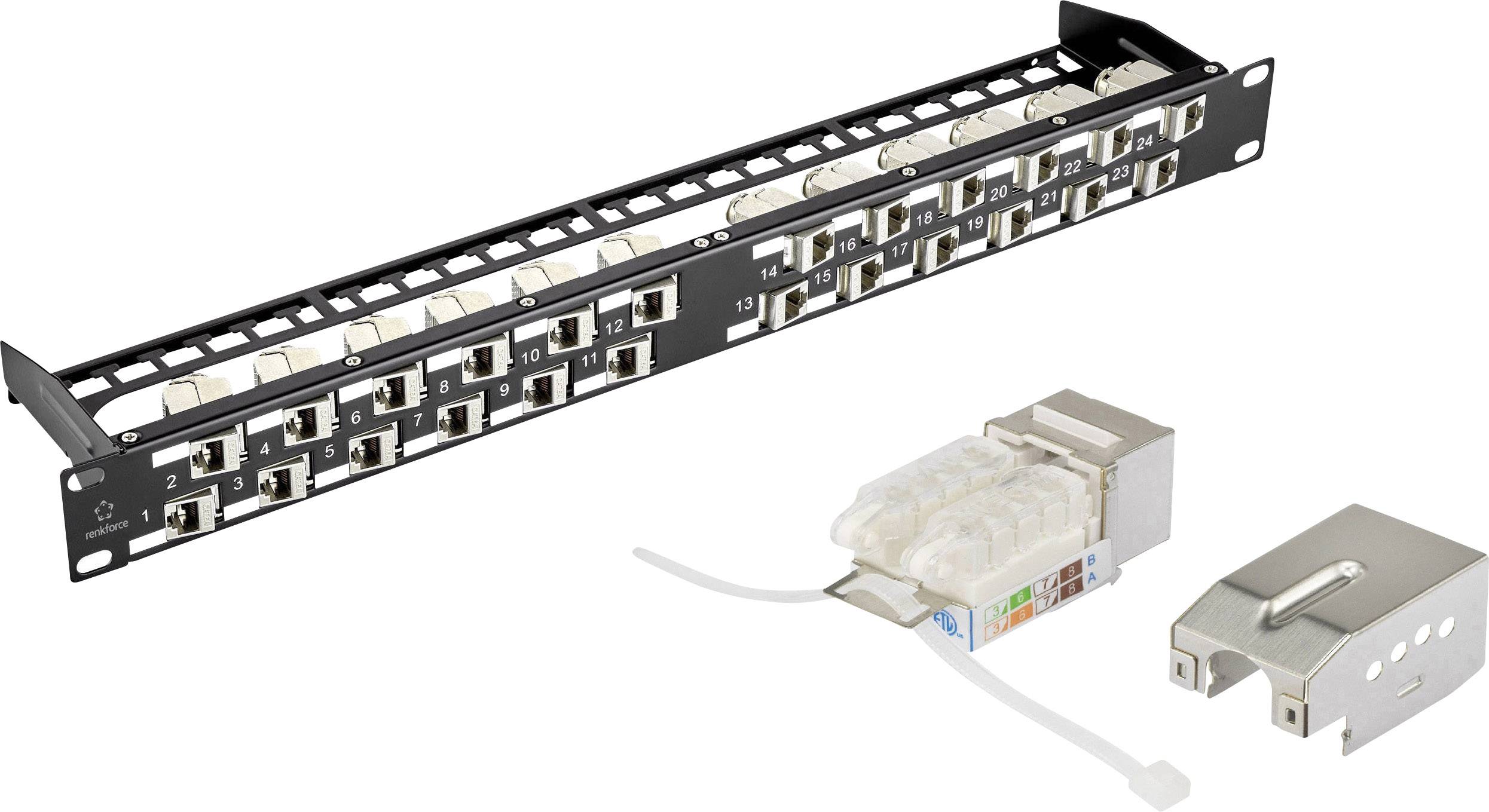 Ein Patchpanel mit RJ45-Anschlüssen und einem separaten Anschlussmodul für Netzwerkkabel. Essenziell für Netzwerkverkabelung.