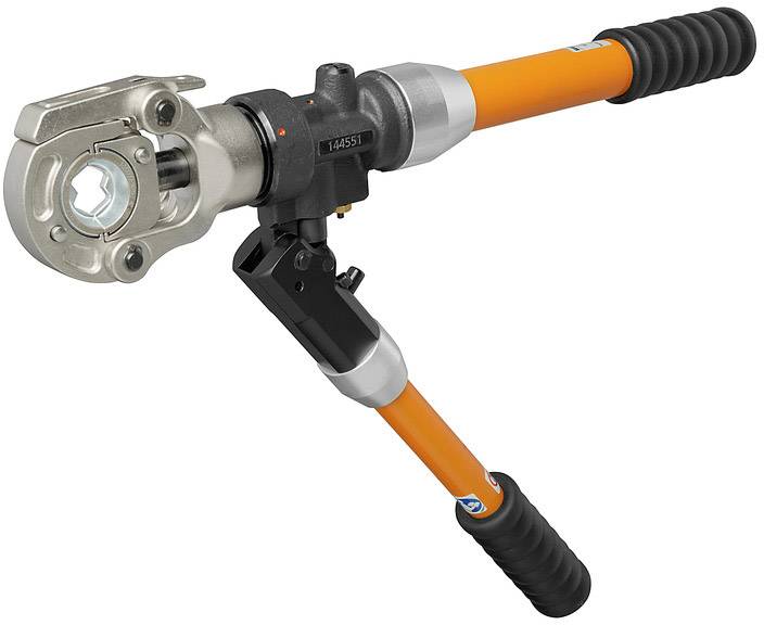 Hydraulische Rohrpresse mit orangefarbenem Griff und silbernem Presskopf, geeignet für das Pressen von Rohrverbindungen.