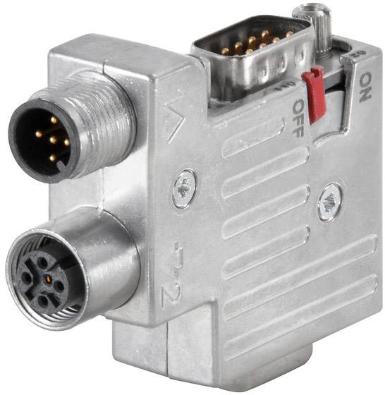 Ein Metallstecker mit zwei kreisförmigen Anschlüssen und einem D-förmigen Steckerteil. Eine rote Schieberegler-Anzeige zeigt 'ON'.