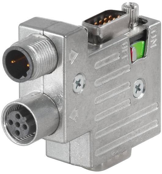 Ein rechteckiger Adapter mit Metallgehäuse, zwei runden Steckanschlüssen und einem VGA-ähnlichen Anschluss oben, zeigt eine grüne LED.