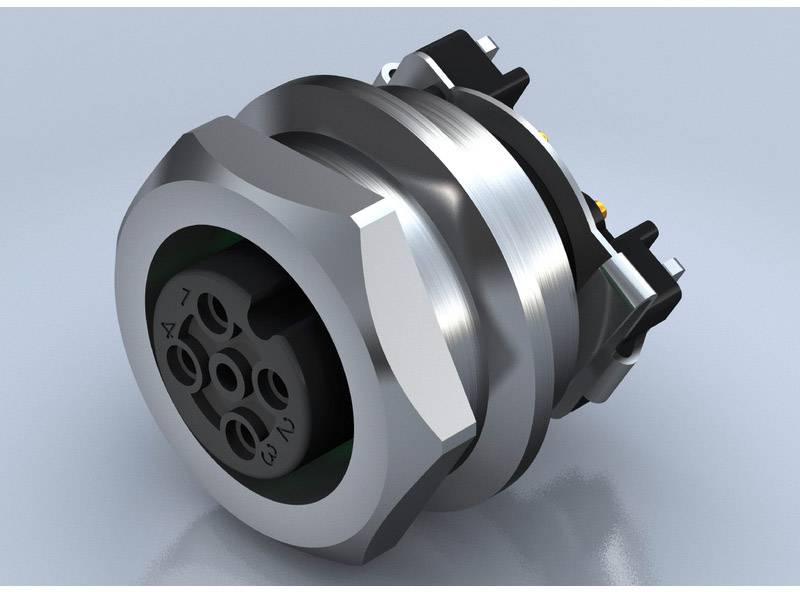 Ein sechspoliger elektrischer Stecker mit metallischer Ummantelung, geeignet für industrielle Anwendungen, liegt auf grauem Hintergrund.
