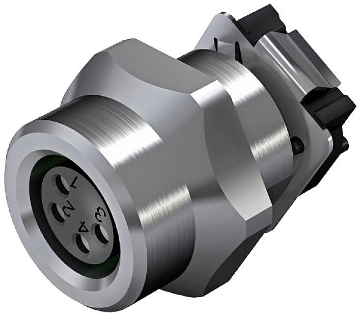 Metallischer Stecker mit vier nummerierten Anschlusslöchern, verwendet für industrielle oder elektronische Verbindungen.