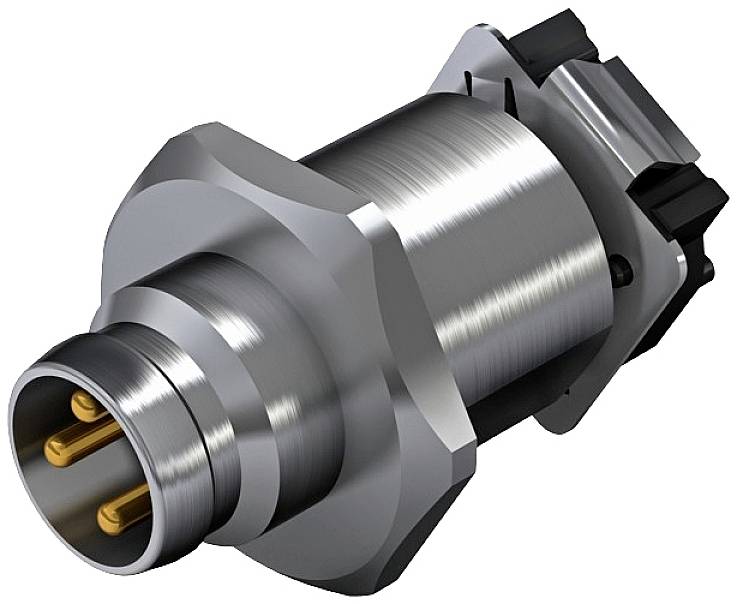 Zylinderförmiger Metallstecker mit mehreren goldenen Pins, geeignet für industrielle Anwendungen und elektrische Verbindungen.