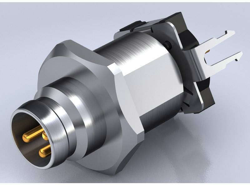 Ein metallischer, sechseckiger Steckverbinder mit drei goldenen Pins. Er hat ein robustes Gehäuse und ist für industrielle Anwendungen geeignet.