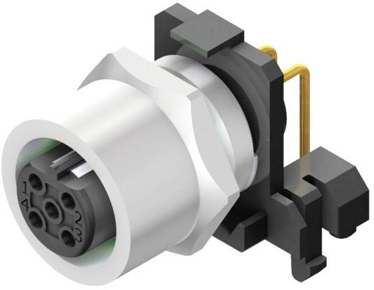 Ein 3D-Modell eines elektronischen Steckverbinders mit rundem Gehäuse und mehreren Buchsen, umgeben von schwarzen Kunststoffkomponenten.