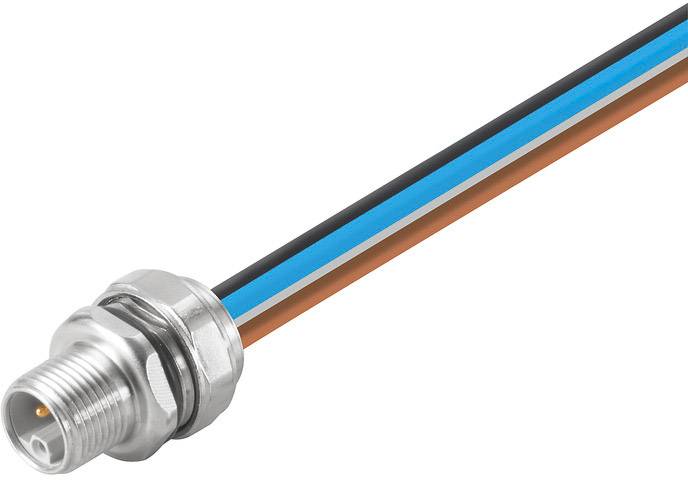 Ein dreiadriges Kabel mit blauer, brauner und schwarzer Isolierung und einem runden Metallstecker, das häufig für elektrische Verbindungen verwendet wird.