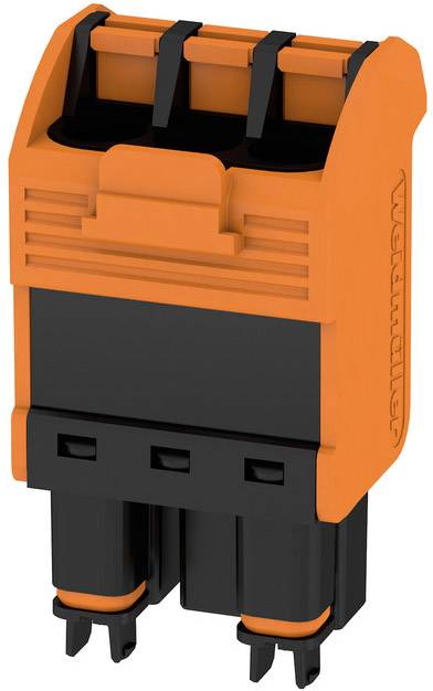 Orange und schwarzer elektrischer Steckverbinder mit drei Steckplätzen, geeignet für industrielle Anwendungen.