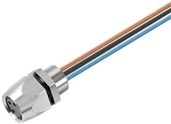 Ein elektrischer Stecker mit farbigen Kabeln: orange, schwarz, braun und blau. Geeignet für industrielle Anwendungen.