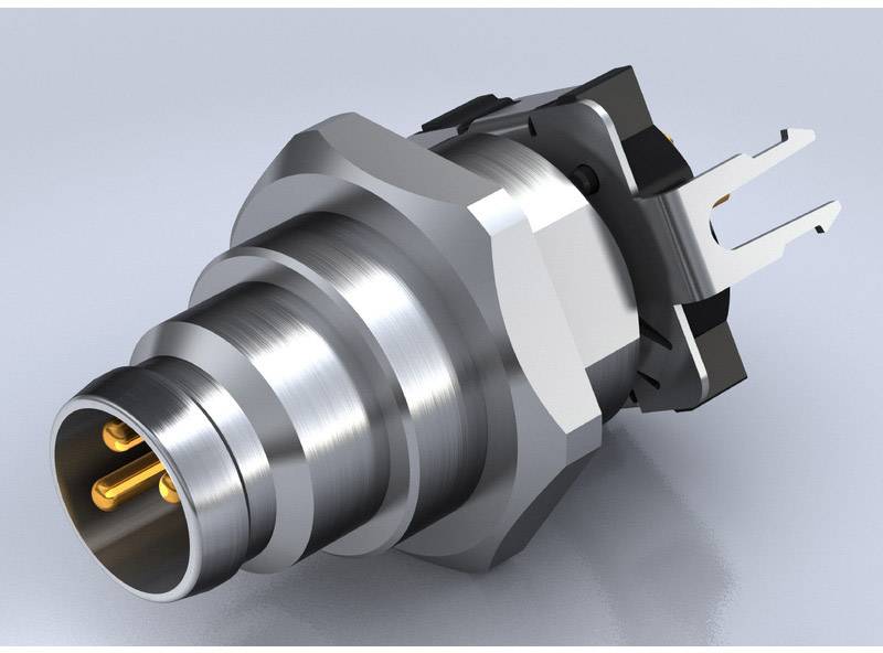 Runder Steckverbinder aus Metall mit drei goldenen Kontakten, geeignet für elektronische Verbindungen in industriellen Anwendungen.