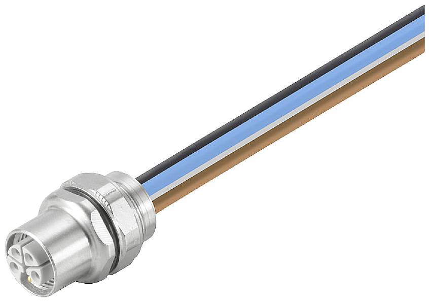 Ein Metallstecker mit vier Buchsen ist mit drei farbigen Kabeln verbunden: schwarz, blau und braun.