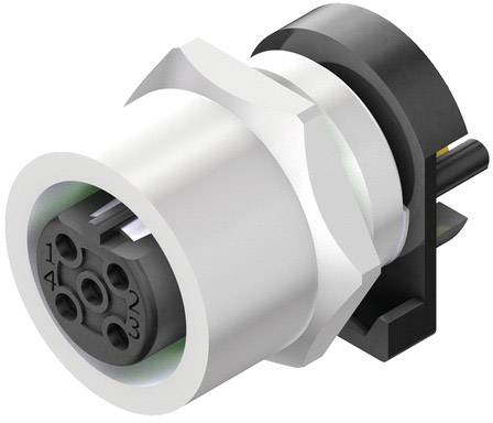 Ein zylindrischer, silberner Elektronikstecker mit mehreren runden Pins, der für elektrische Verbindungen genutzt wird.