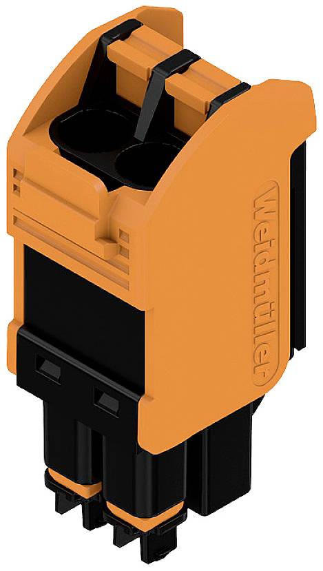 Das Bild zeigt einen orangefarbenen elektrischen Steckverbinder mit zwei schwarzen Steckplätzen, verwendet für industrielle Anwendungen.