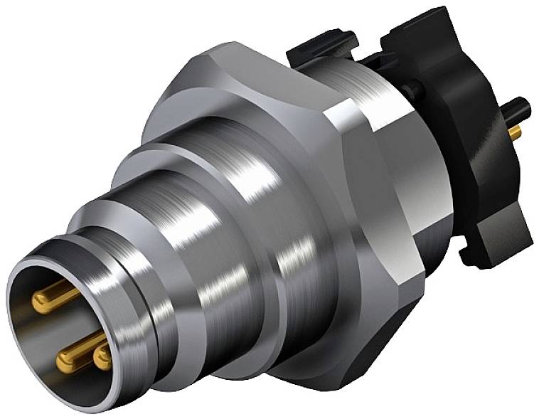 Ein Metallstecker mit mehreren Rillen und zwei goldfarbenen Kontakten ist abgebildet. Er hat ein schwarzes Kunststoffteil am Ende.