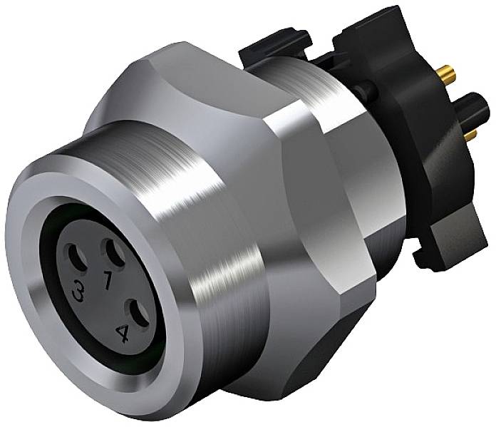 Ein runder, metallischer Steckverbinder mit vier nummerierten Löchern (1-4) für elektronische Verbindungen, an einem schwarzen Kunststoffgehäuse.