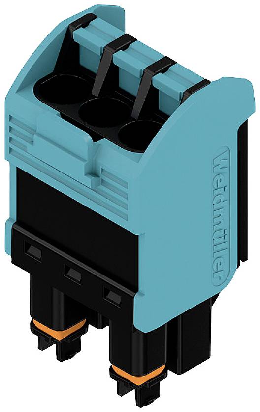 Elektrischer Steckverbinder mit drei Anschlüssen, blauer und schwarzer Körper, für industrielle Anwendungen.