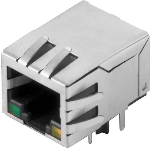 Metallischer RJ45-Buchsenanschluss mit Kunststoffdetails, geeignet für Netzwerkkabelverbindungen in der elektronischen Kommunikation.