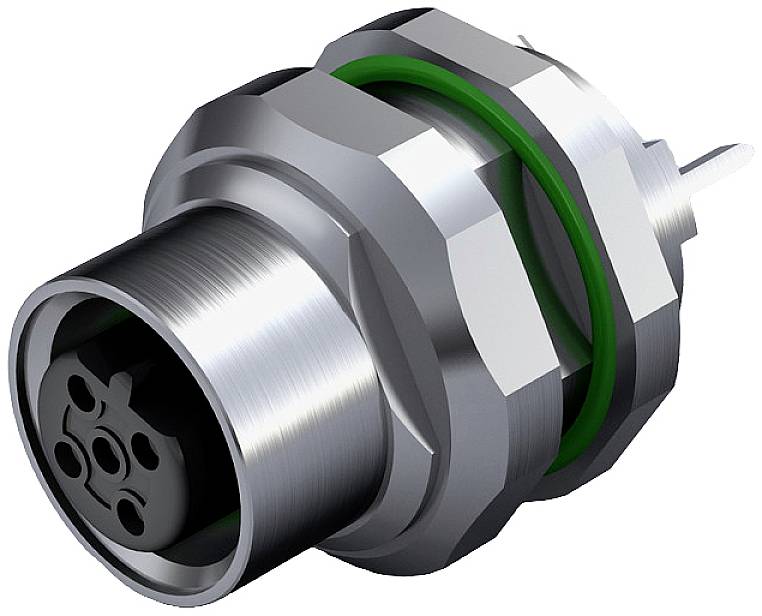 Metallischer elektrischer Steckverbinder mit grünem Dichtungsring, geeignet für industrielle Anwendungen.