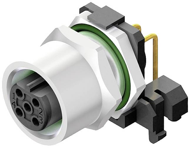 Ein rundes, mehrpoliges elektrisches Steckverbinder-Modul in Silber und Schwarz mit grüner Dichtung und goldenen Leitungen.