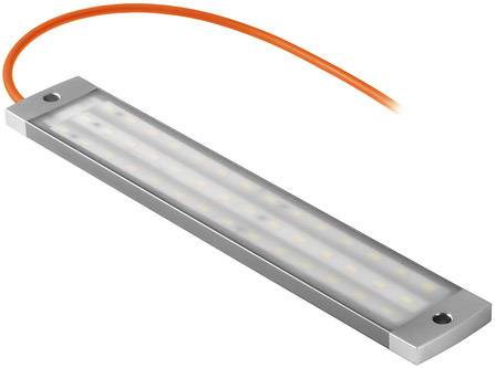 Rechteckige LED-Leuchte mit einem orangefarbenen Kabel, für optimale Beleuchtung in engen Räumen und energieeffiziente Anwendungen.