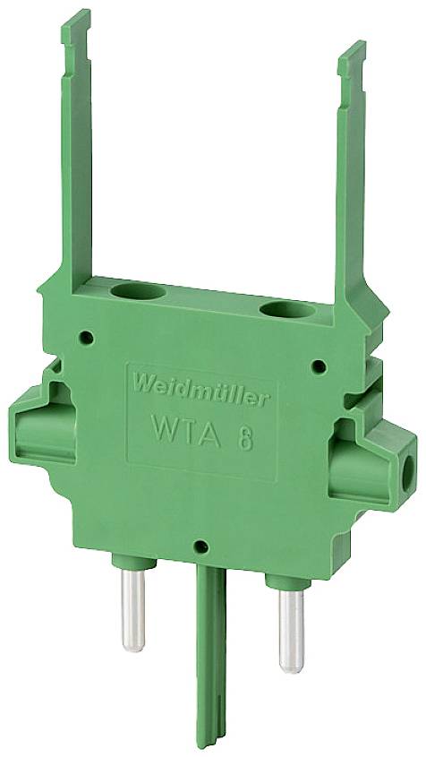 Grüner elektronischer Steckverbinder 'Weidmüller WTA 6' mit zwei Metallstiften, geeignet für elektrische Verbindungen.