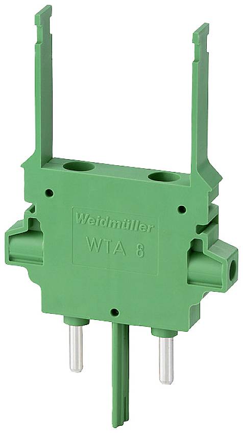 Ein grünes Weidmüller-Steckelement WIA 8, mit zwei Metallstiften unten und zwei verlängerbaren Armen oben, verwendet in elektrischen Schaltungen.