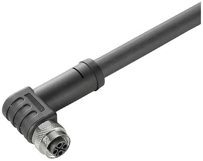 Ein schwarzes, abgewinkeltes Kabel mit einem Metallstecker am Ende, geeignet für elektronische Verbindung oder Geräteanschlüsse.