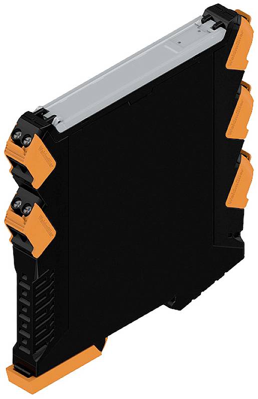 Ein schwarzer, rechteckiger Industrie-Signalwandler mit orangefarbenen Befestigungspunkten an den Seiten.