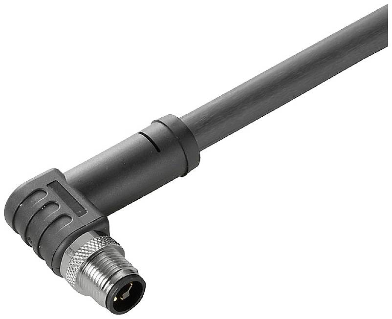 Ein schwarzes Verbindungskabel mit einem rechten Winkelstecker und einer silbernen Metallverbindung an einem Ende.