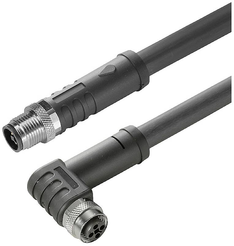 Ein gerades und ein gewinkeltes industrielles Steckverbinderkabel, beide mit schwarzem Kabelmantel und Metallschraubverbindungen.