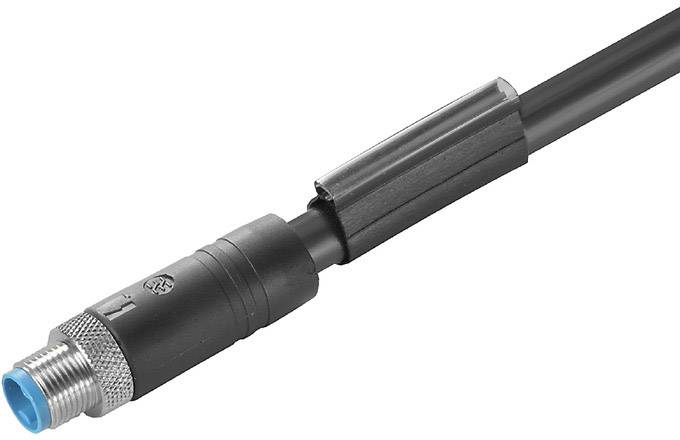 Schwarzer Stromstecker mit blauem Anschluss an einem Kabel. Geeignet für industrielle Anwendungen.