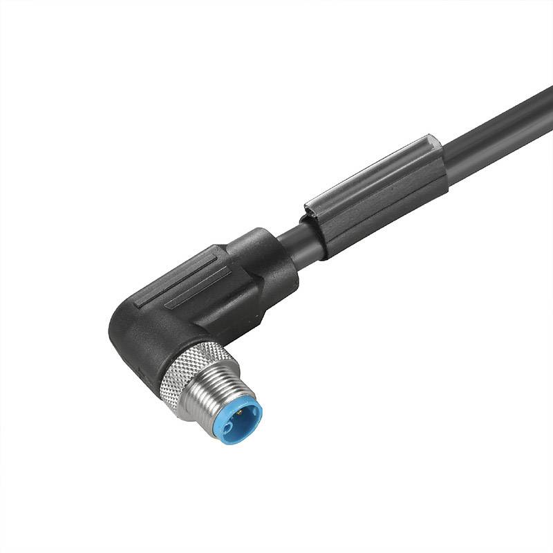 Schwarzer gewinkelter M8-Stecker mit Metallgewinde und Kabel, geeignet für Sensoranwendungen.
