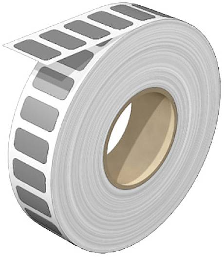 Große Rolle von selbstklebenden, rechteckigen Etiketten mit grauem Design, auf brauner Papphülse gewickelt.