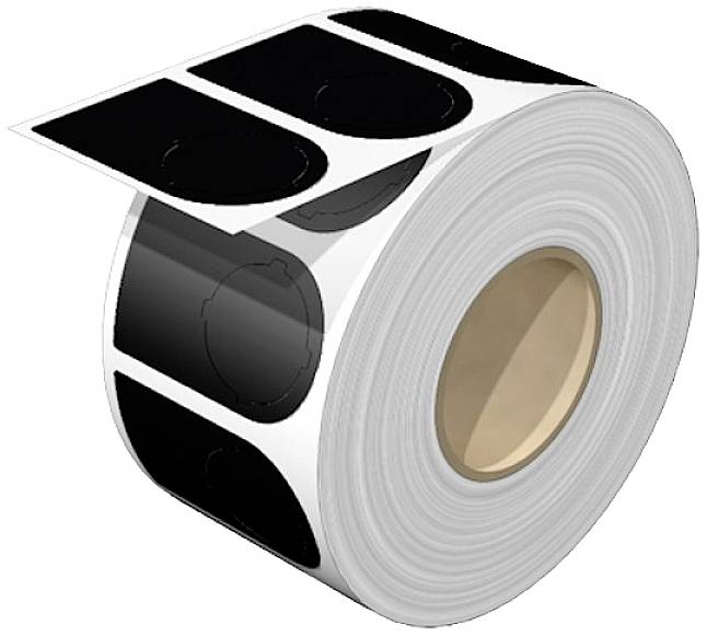 Wasserdichter PVC-Aufkleber-Rolle mit runden, schwarzen Aufklebern. Ideal zur Markierung oder Kennzeichnung von Objekten.
