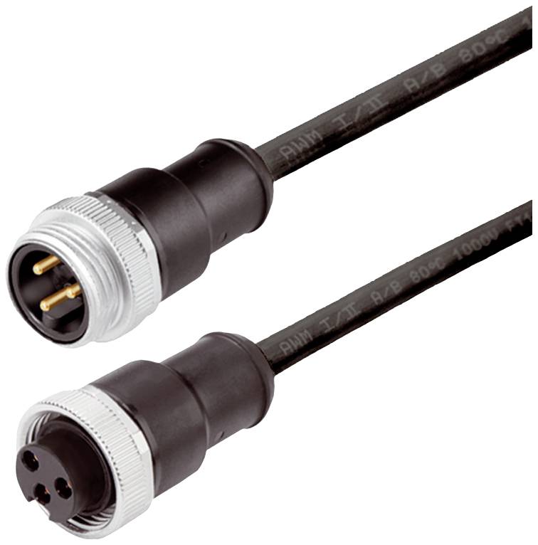 Zwei schwarze Steckverbinder, männlich und weiblich, mit Metallgehäuse und drei Stiften bzw. Buchsen für elektrische Verbindungen.