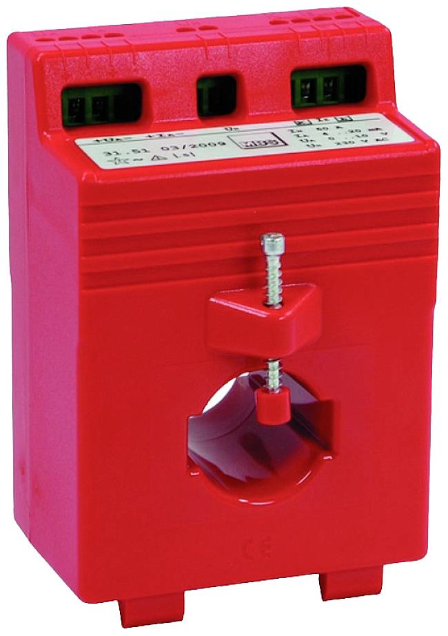 Ein roter Stromwandler aus Kunststoff, mit transparenter Fensteröffnung in der Mitte und Anschlüssen oben.