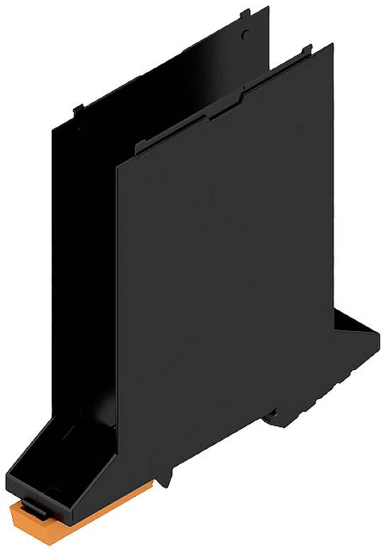 Schwarze Plastikhalterung mit orangener Basis, seitliche Ansicht. Verwendet zur Befestigung oder Unterstützung in technischen Anwendungen.