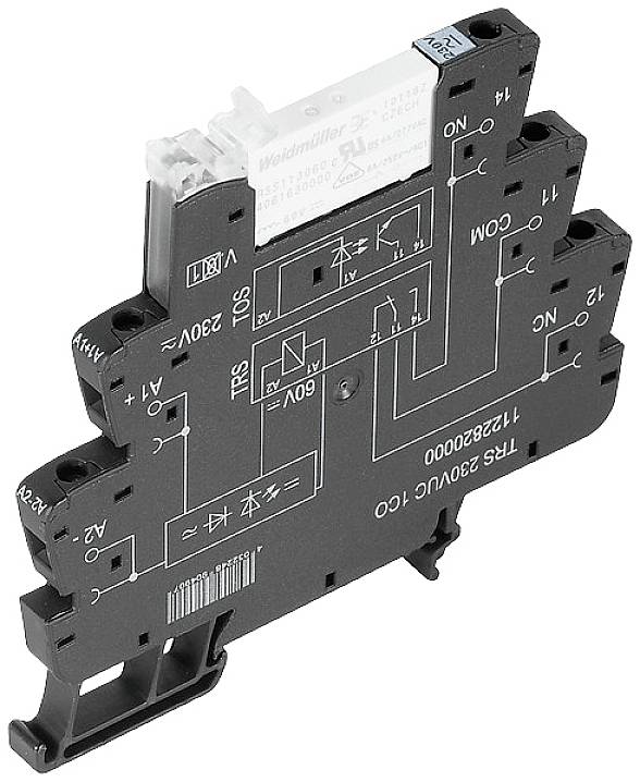 Ein Relaismodul mit aufgedrucktem Schaltplan zeigt Anschlüsse und Stromstärken. Das Modul hat eine klare Kennzeichnung für verschiedene elektrische Verbindungen.