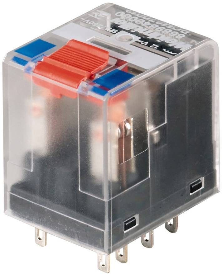 Ein transparentes Relais mit sichtbaren Metallkontakten und einem roten Schalter oben, zur Steuerung elektrischer Stromkreise.