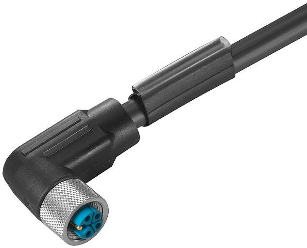Ein schwarzes, rechtwinkliges elektrisches Kabel mit einem blauen dreipoligen Stecker, geeignet für industrielle Anwendungen.