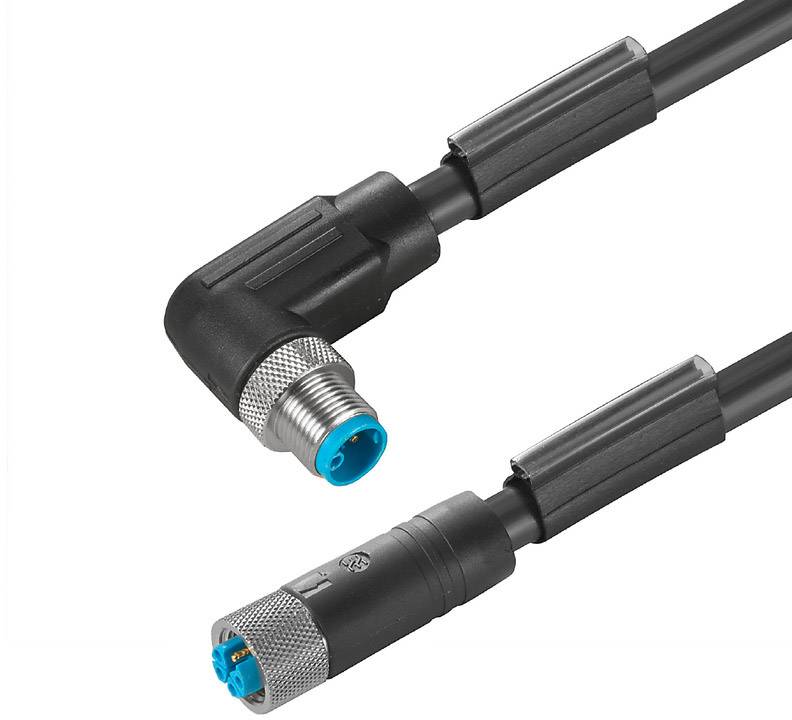 Zwei Steckverbinderkabel: eines mit abgewinkeltem Stecker oben, ein gerader Stecker unten. Beide Enden haben blaue Einsätze.