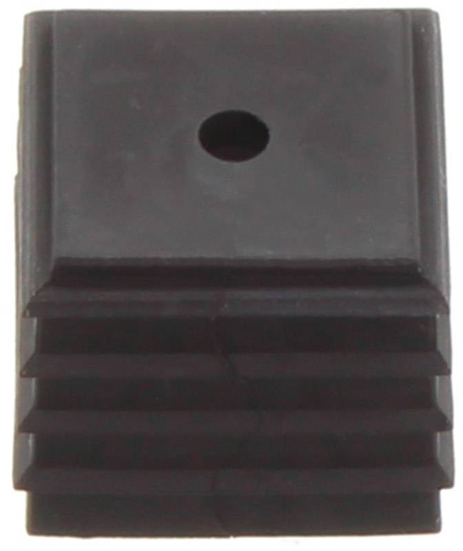 Ein schwarzes, rechteckiges Kunststoff-Objekt mit gerippter Oberfläche und einem zentralen Loch.