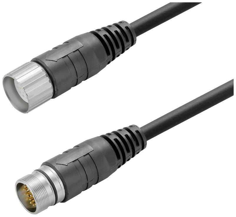 Zwei schwarze Kabel mit silbernen, runden Steckern, die mehrere goldfarbene Kontaktstifte zeigen. Geeignet für industrielle Anwendungen.