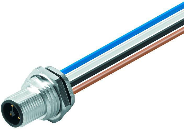 Ein mehrfarbiges, rundes elektrisches Kabel mit einer Metallbuchse an einem Ende, geeignet für technische oder industrielle Anwendungen.